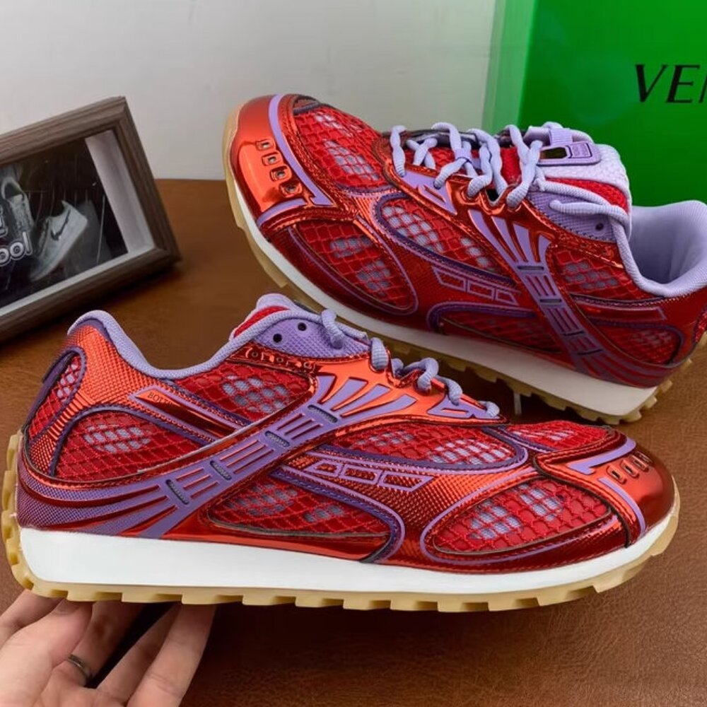 Bottega Veneta Metallic Red and Lavender Sneakers